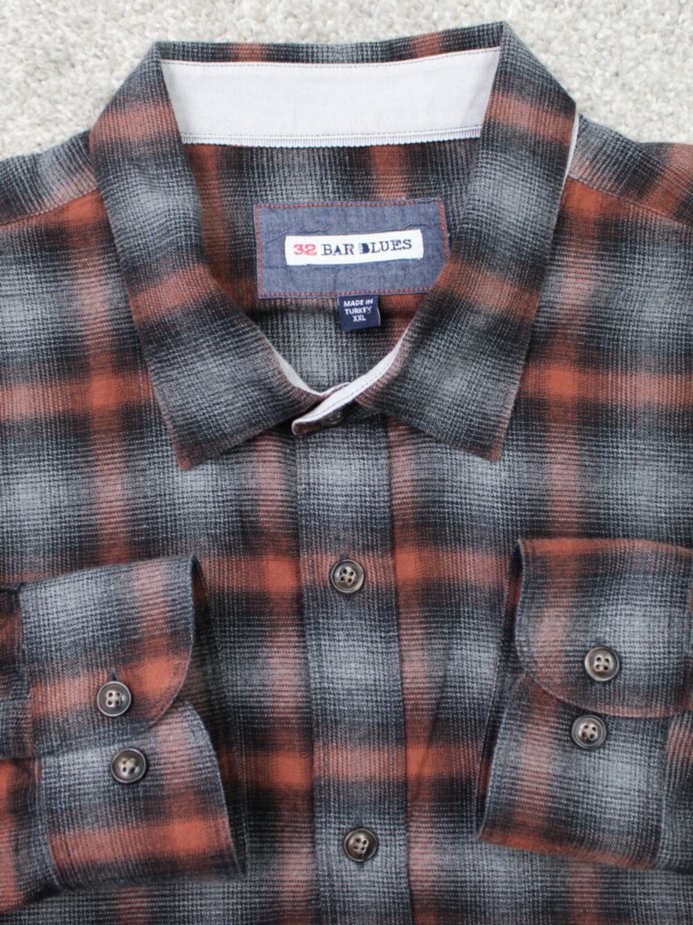 32 Bar Blues Shirt Mens 2XL XXL Red/Gray Plaid 100% Cotton Long Sleeve Casual